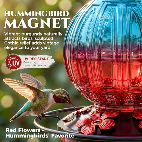 Glass Hummingbird Feeder for Outdoors Hanging, 26 fl oz Bird Nectar Feeder | 5 Metal Flower Feeding Ports, 360° Perch Ring, Easy Refill & Clean, Leakproof, Ideal for Backyard, Garden Decor, Blue & Red - color: Blue-Red Gradient