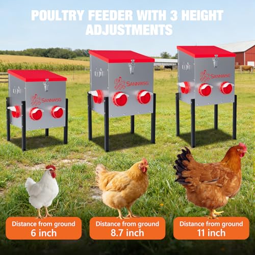 Chicken Feeders,30 lb Capacity 6 Port Automatic Chicken Feeder, Metal Chick Feeder with Locking Lid and Legs, Chicken Feeder for Chickens, Ducks, Geese - size: 6 Ports (2+2+2)
