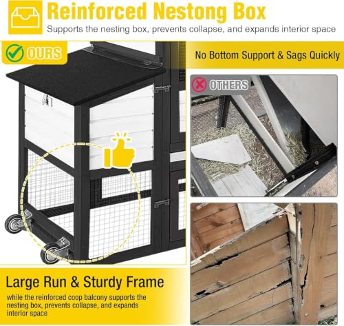 Aivituvin Mobile Chicken Coop with Wheels, 82.4" for 4-6 Hens(Black) | 2 large nesting boxes with reinforced bottom keep eggs safe from raccoons and dogs Leak-resistant asphalt roof - color: Black, size: 82.4"L x 26.0"W x 44.0"H