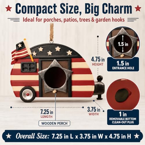 Hanging Bird House for Outside, Hand-Painted Patriotic Camper Birdhouse, Resin American Flag Bird House with Cleaning Plug, Outdoor Garden Decor for Yard, Patio, Porch, Tree, Gift for Bird Lovers - style: american flag