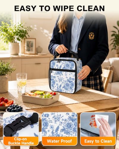 Girls Lunch Box Women Insulated Lunch Bag for Kids Adult, Blue Floral | Reusable Lunchbox, Cooler Tote Bag with Cup Holder, Lightweight, High Capacity, Multiple Pockets for School Work Travel - color: Blue Floral