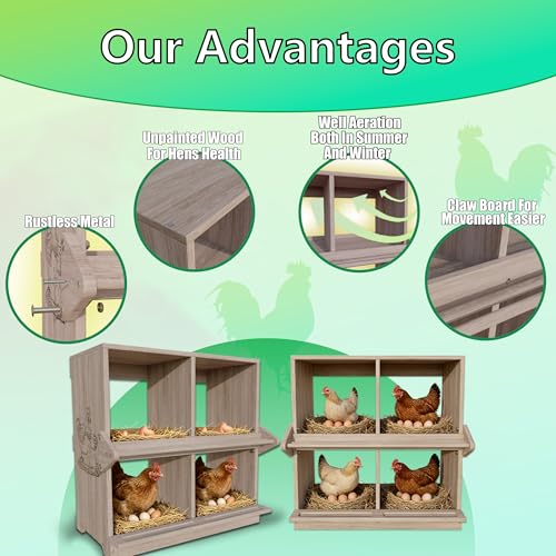 Wooden Nesting Boxes for Chickens Two-Tier Chicken Nesting Box with Swing Perches Floor and Wall Mount Large Laying Eggs Nest Box for Chickens Hens Ducks Poultry (8 Compartments) - size: 8 Compartments