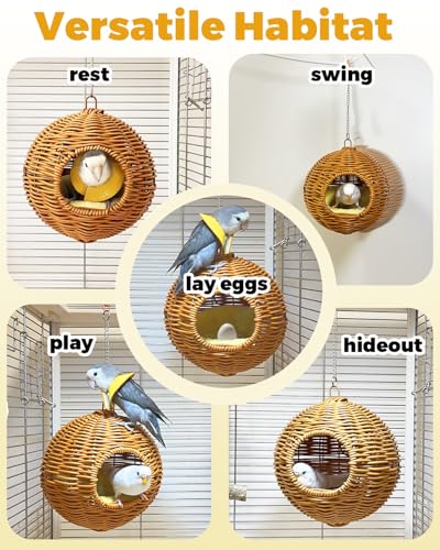 Chewproof Steel Frame Bird Nest for Cage, Washable Small Bed Hammock | Bird Hideout Lay Eggs Parakeet Nest Sleep Rest, Parakeet Warm Bed House Hut for Lovebird, Canary, Budgie, with Cushion - color: S-Long Chain-brown for Small Birds