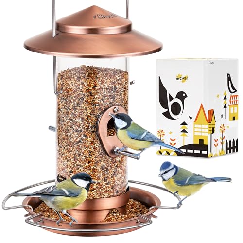 Bird feeders for Outdoors Metal Chew Resistant Copper-Plating, 1PK | Metal Roof, Metal Tray, Stainless Hanger, Flip-Top Fill, 3 stainless Perches with 2 Feeding Ports, Easy-Clean, 1.5LB - color: Copper-Plating