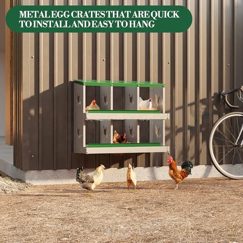 Galvanized Steel Chicken Nesting Box 6 Grids, Metal Egg Laying Boxes for Hens with Hinged Lid and Ventilated Design, Easy Clean Poultry Nest Box for Chicken Coop Accessories, Green, No Legs - color: Green, size: 6 Holes no Legs
