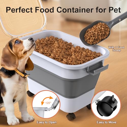 Dog Food Storage Container, 15-23 Lbs Collapsible Dog Food Container with Transparent Airtight Lid, Wheels and Scoop, Travel Pet Food Storage Container for Cat, Dog and Bird, Keep Dry Food Fresh - color: Grey
