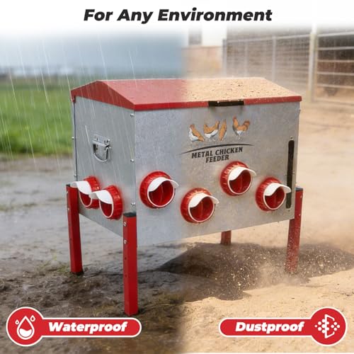 Automatic Chicken Feeder 100LBS Large Capacity, 12 Anti-Waste Ports Metal Poultry Feeder with Height Adjustable Stand, Waterproof Rodent Proof Feed Box with Lid Viewing Window for Hens Ducks Geese - size: 100LBS