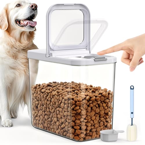 LEAWALK 12 Lbs Airtight Dog Cat Food Storage Container and Dog Treat Containers BPA-Free, PET Clear Stackable Pet Storage Bin, 1-Cup Scoop, 1-Sponge cleaning brush, Pop Top, With handle, Easy Mobility - color: Milky White 12L-A