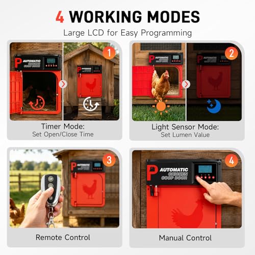 Automatic Chicken Coop Door with Solar Panel | Upgrade Door Opening, Anti-Pinch, Remote Control, Timer & Light Sensor, Weather Proof, 4 Modes, Easy Install