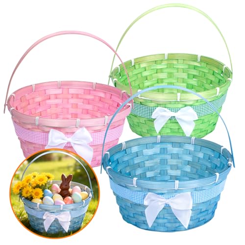 3 PCS Easter Bamboo Baskets Gift with Bow Ribbon and Handle, Woven Easter Eggs Hunting Bucket, Wicker Candy Toys Storage BucketBaskets with Handle for Picnic, Party Favors