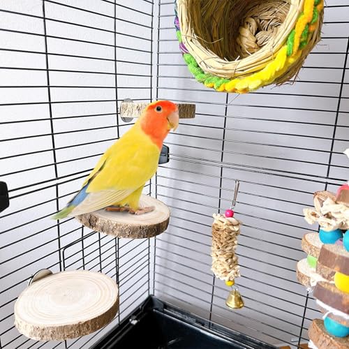 Hamiledyi 3PCS Perch Platform for Bird Cage Natural Round Wooden Stand Platform Bird Toy for Parakeet Cockatiel Parrot Budgie Sparrow Hamster Canary Bears - size: 3.9in