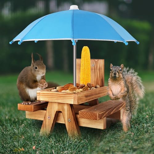 Gnodary Squirrel Feeder with Umbrella, Squirrel Feeders for Outside, Squirrel Picnic Table Feeder - Chipmunk Feeder Hold Corn, Corn Cob, Peanuts (Light-Blue) - color: Light-Blue