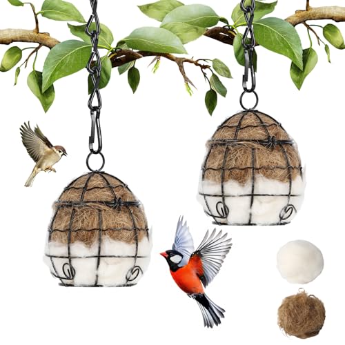 2Pcs Bird Nesting Material Holders with Natural Mixing Cotton Materia for Wild Birds Nesting Station, Refillable Hummingbird Nesting Material Cage Holder for Bird Lover Hummingbird House Material