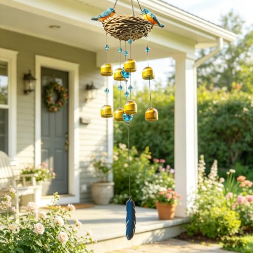 Wind Chime for Outside, Blue Bird Resin Wind Bells for Garden Decor | 27.5" Wind Chimes Outdoor with Resin Blue Bird Statues and 8 Metal Bells, Soothing Tone Wind Bell Chimes, Housewarming Gifts - size: Birds