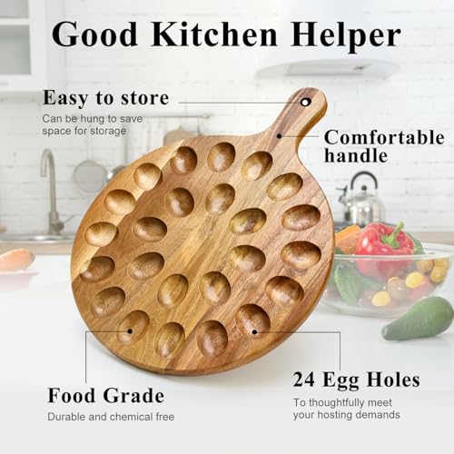 Wood Deviled Egg Holder Board Platter Serving Tray Eggs Carrier Plate Dish | Round Wooden Egg Container Cheese Charcuterie Boards Christmas Thanksgiving Hosting Essentials Easter Gift Devil Egg Holder