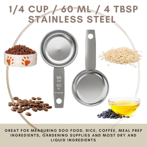 1/4 Cup Stainless Steel Measuring Cup | Sturdy Metal 60 ml | 60 cc | 2 oz | Single Cup for Wet and Dry Ingredients | Great for use as 1/4 Cup Dog Food Scoop - 1 PK - size: 1/4 Cup