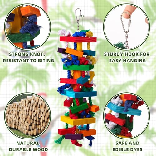 Soulchen 4 Pcs Extra Large Bird Parrot Toy Set Natural Wooden Chewing Toy, Rattan Ball, Wood Nut Loofah String (Bagged) for Large Medium Macaws, African Grey, Parrots (Colorful Ring) - style: Colorful Ring