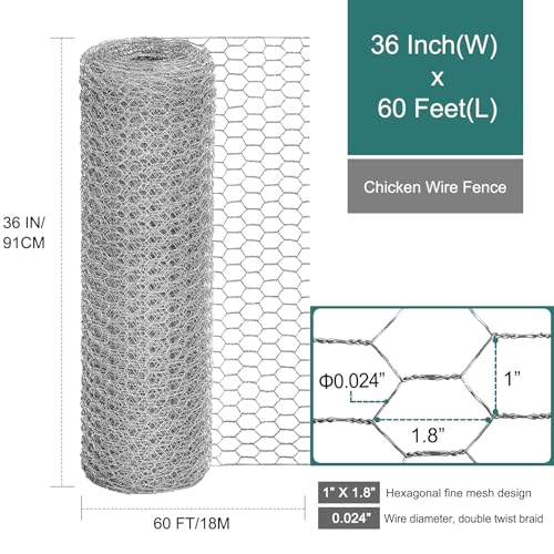 Chicken Wire Fencing, 36 Inch x 60 Ft Chicken Wire Mesh for Garden Plants | 24 Rifny 1 Inch Mesh, Hexagonal Galvanized Metal Poultry Wire Netting Roll, for Chicken Coop Rabbit Dogs Barrier - size: 36 x720 Inches-1 Inch Mesh