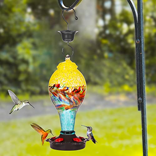 LUJII Hand Blown Glass Hummingbird Feeder for Outdoors with Ant Moat, Leak Proof & Rustproof,36 fl.oz, Metal Base Cover with 5 Feeding Ports & 5 Perches, Glass Art for Garden Decor (Blue Mixed Yellow) - color: Yellow, size: Large