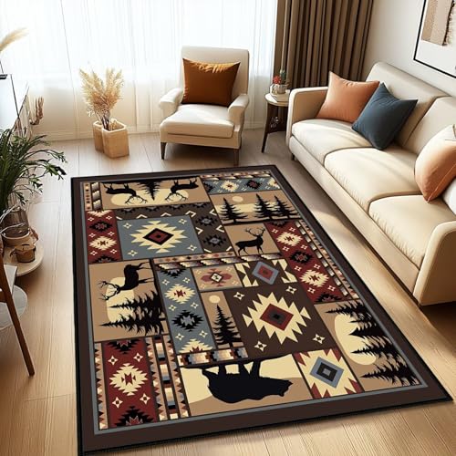 Rustic Rug for Bedroom,Cabin Wildlife Area Rug 4x6 Carpets Runner for Living Room,Buffalo Plaid Bear Moose Deer Country,Washable Throw Rugs Indoor Doormat Non Slip Floor Mats for Dining Room,Laundry - size: 4'x6'