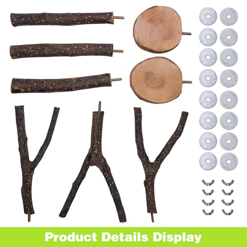 8PCS Bird Perches Set Natural Apple Wood Bird Cage Accessories Wooden Parrot Stand Hardwood Branches for Parakeets, Budgies, Cockatiels Small Bird Habitat Gym, Climbing Stand & Safe Chew Toys