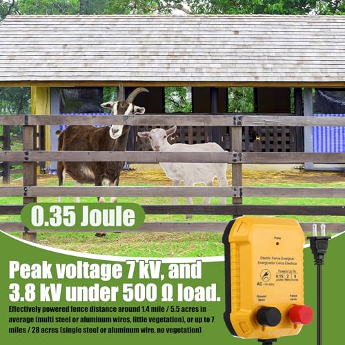 Electric Fence Charger Set 2 Mile 110VAC 0.15 Joule Electric Plug in Fence to Contain Chickens Pet Poultry 50 Black Insulator and 1 Socket Tool 250ft Aluminum Wire for Garden Pond Protection - style: 0.15 Joule