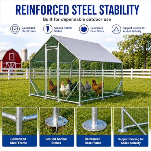Large Metal Chicken Coop Run with Removable PE Cover, Walk-in Galvanized Steel Poultry Enclosure with PVC-Coated Wire Mesh and Lockable Door for Chickens, Ducks and Rabbits (10'Lx6.6'Wx6.56'H) - size: 10'Lx6.6'Wx6.56'H