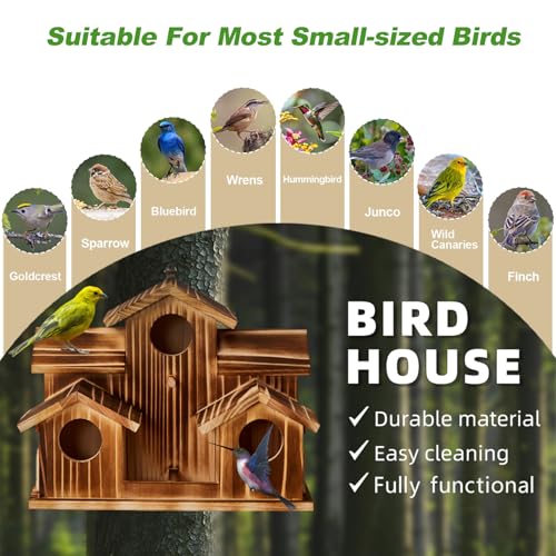 Bird House for Outside 5 Hole Bird Houses Room for 5 Bird Families Large Bird House for Garden/Courtyard/Backyard for Garden Decor-Finch Bluebird Cardinals Handmade Wooden Hummingbird House - style: Castles