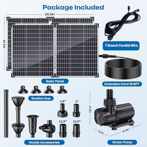 Antfraer 100W Solar Pond Pump, Solar Water Pump with 1600GPH Adjustable Flow & Dry-Run Protection, Solar Water Fountain Pump & Dual Solar Panels for Outdoor Pond Garden Waterfall Water Features - size: 100W