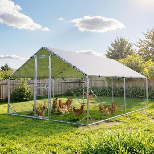 Sannwsg Large Metal Chicken Coop with Run, 10x13 FT Walk in Chicken Pen with Feeding Door, Secure Lock, Heavy Duty Poultry Cage with Waterproof Cover for Outdoor Farm Use - size: 118.0"L x 157.0"W x 79.0"H
