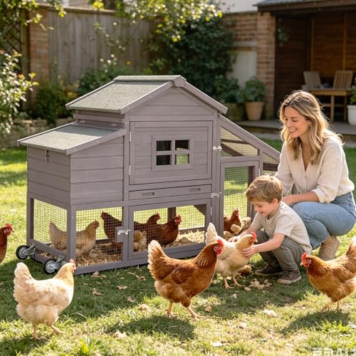 Mobile Chicken Coop with Wheels, Large Wooden Hen House with Run, Chicken Tractor with Waterproof Roof, Nesting Box & Pull-Out Tray, Outdoor Poultry Cage for Backyard Chickens/Rabbits (Grey) - color: Grey