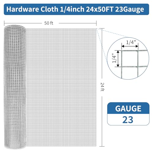 Zevemomo Hardware Cloth 1/4 Inch 24"X 50' Hot Dip Galvanized After Welding | Wire Mesh Roll, 23 Gauge Chicken Wire Fencing for Garden Fencing Chicken Coop Wall Decoration Tree Guard Hardware Mesh - size: 24" x 50' 1/4inch