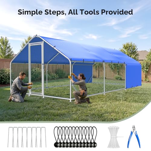 Sino Luban Large Metal Chicken Coop Run with Hardware Cloth Anti-Rust for 30 Chickens/Ducks, Chicken Runs for Yard with Waterproof Cover, Chicken Enclosure Pen Outdoor, Walk-in Poultry Cage - size: 17.8' L x 8.8' W x 6.4' H