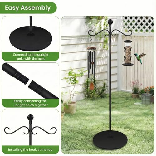 58 Inch Double Shepherds Hooks for Outdoor Indoor with Round Base Stand, Adjustable Shepherds Hook for Bird Feeder, Wind Chime, Solar Light for Garden Patio Home Decor