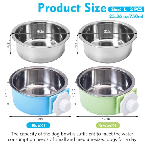 kathson Crate Dog Bowl 2pcs, Removable Stainless Steel Hanging Pet Kennel Cage Bowl Food & Water Feeder Coop Cup for Puppy, Cat, Rabbit, Guinea Pigs (2 PCS, Size: L, Blue and Green) - color: Size: L (Blue, Green), size: 2 PCS