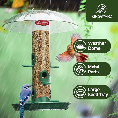 Kingsyard 6-Port Tube Bird Feeder for Outdoors Hanging | 9.5" Rustproof Metal Removable Tray, 11.5" Weatherproof Dome, 3 lb Seed Capacity, Garden & Backyard Birding Gift, Green - color: Green