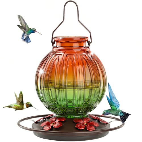 Glass Hummingbird Feeder for Outdoors Hanging, 26 fl oz Bird Nectar Feeder | 5 Metal Flower Feeding Ports, 360° Perch Ring, Easy Refill Clean, Leakproof, Ideal for Backyard, Garden Decor, Orange & Green - color: Orange-Green Gradient
