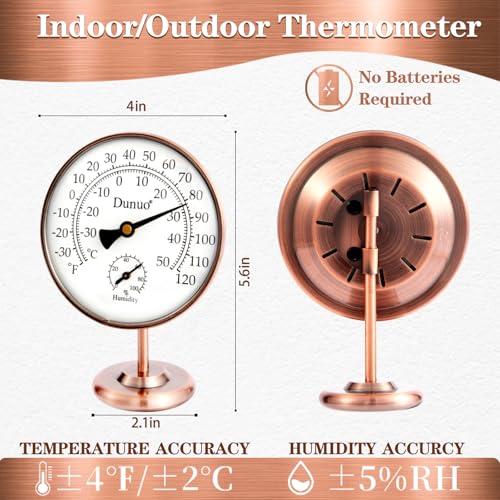 4-Inch Brass Outdoor Thermometer & Humidity Gauge, Tabletop | Battery-Free Analog Gauge, °F/°C Dual Scale, Antique Copper Stand, Vintage Home Decor for Desk, Bedroom & Patio