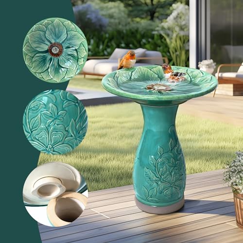 LuxenHome 23" Ceramic Bird Bath for Outside, Jade Green Outdoor Bird Bath | Lightweight Pedestal Glazed Birdbaths for Outdoors with Floral Embossed Design, Elegant Tall Outdoor Birdbath - color: Jade Green