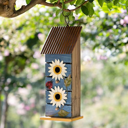 Glitzhome Bird Houses for Outside, 15" H Two-Tiered Wooden Bird House Patio Garden Hanging Birdhouse, Distressed Daisy Pet Cottage Decorative Birdhouse for Outdoors,Washed Blue - color: 15"H Blue
