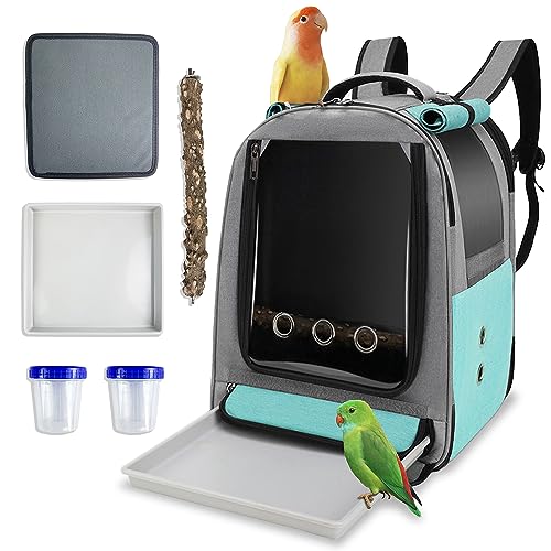 Bird Backpack Carrier,Bird Travel cage Backpack with Tray and Standing Perch,Feeding Tank,Waterproof pad,Used for Parakeets,hornbirds,Lovebirds,Small and Medium-Sized Bird - color: Skyblue