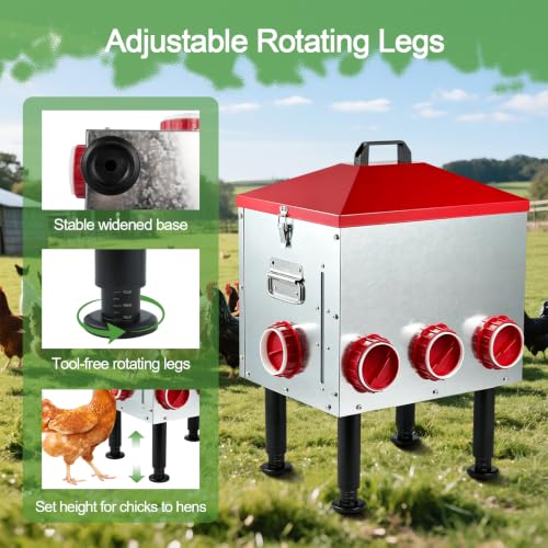 Large Automatic Chicken Feeder, 55LBS Chicken Feed Dispenser with Lid, 8 Feeding Ports, Adjustable Legs, Rodent Free, Waterproof Outdoor Metal Poultry Feeder