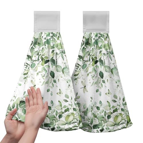 Eucalyptus Leaves Hanging Hand Towels Sage Green Leaf Kitchen Towels with Hanging Loop Spring Summer Floral Farmhouse Greenery Tea Dish Towels Soft Absorbent Fingertip Bath Tie Towels for Bathroom - color: Eucalyptus Green Leaf