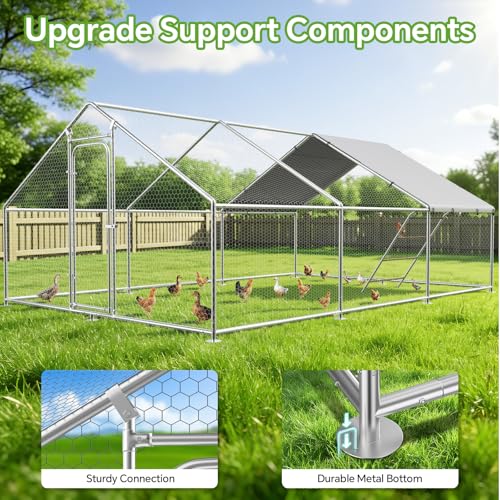 10 x 19.7 x 6.4 FT Metal Chicken Coop, Chicken Run with Cover | Walk-in Metal Chicken Coop, Side Hardware Cloth, Waterproof Cover, Roosting Perch, reinforced frame, Backyard & Farm Use - size: 236.2"L x 157.5"W x 78.2"H