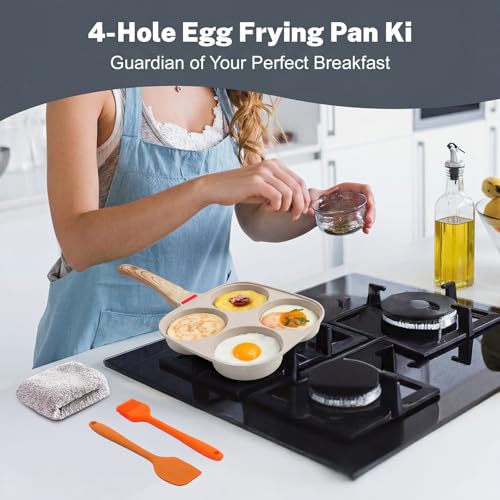 4‑Cup Nonstick Egg Pan Set with Lid – Aluminum Omelette Skillet for Breakfast, Includes Silicone Scraper, Oil Brush, Chopsticks & Cleaning Cloth – Compatible with Gas & Induction Cooktops (White) - color: White