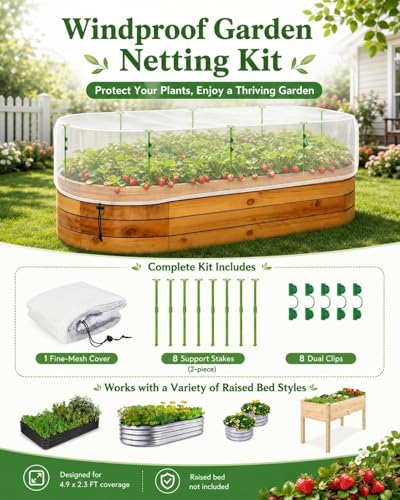 Garden Netting Kit for Raised Beds, 4.9 x 2.3 FT Fine Mesh Plant Cover with Support Stakes & 8 Clips, Wind-Resistant Insect Bird Barrier for Seedlings, Vegetables, Fruits & Patio Planters - size: 4.9×2.3 FT-Oval Shape