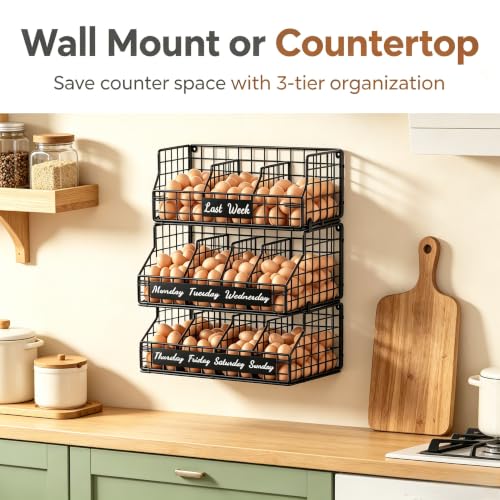 Egg Holder Countertop, 3 Tier Chicken Egg Basket for Gathering Fresh Eggs | Egg Storage Organizer with Adjustable 5 Dividers & Label, Stackable Wall Mounted Egg Collecting Basket Rack, Black - color: 3T Small Black