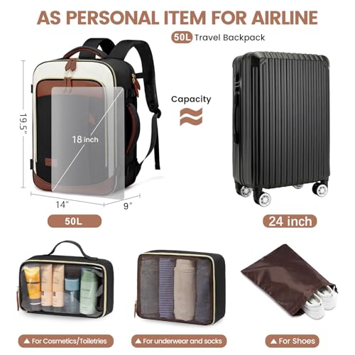 LOVEVOOK 50L Travel Backpack Carry On Airline Approved, Large Backpack with 3 Packing Cubes, TSA Travel Essentials Carry On Bag, Waterproof Weekender Overnight Luggage Daypack, Fits 18 Inch Laptop - color: H-blue-beige-brown, size: XLarge - 18.5 Inch - 50