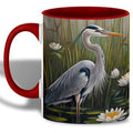 Great Blue Heron Art Coffee Mug, Wildlife Bird Lover Mug, Marsh Scene with Water Lilies & Reeds, Nature-Inspired Drinkware for Outdoor Enthusiasts, Ceramic Cup with Red Handle - Spring & Summer(Heron) - color: Blue Heron