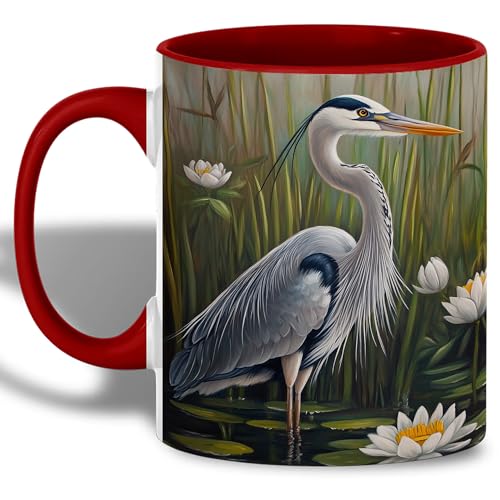 Great Blue Heron Art Coffee Mug, Wildlife Bird Lover Mug, Marsh Scene with Water Lilies & Reeds, Nature-Inspired Drinkware for Outdoor Enthusiasts, Ceramic Cup with Red Handle - Spring & Summer(Heron) - color: Blue Heron